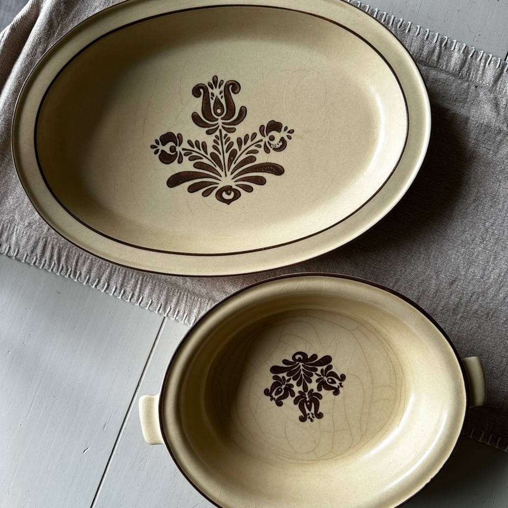 Vintage Pfaltzgraff Cream and Brown Ceramic Serving Dishes